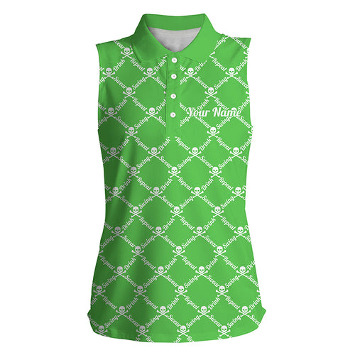 Womens sleeveless polo shirt swing swear drink repeat golf skull custom name golf shirt women | Green NQS4885