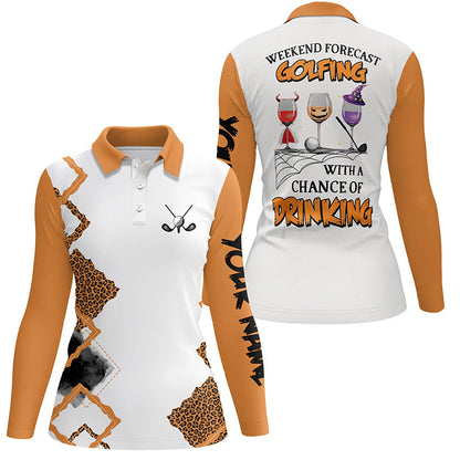 Personalized leopard Halloween Womens golf polo weekend forecast golfing with chance of drinking wine NQS6346