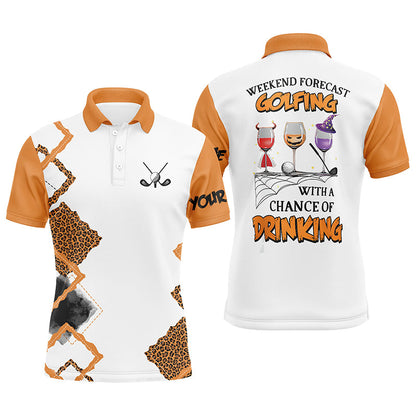 Personalized leopard Halloween mens golf polo shirts weekend forecast golfing with chance of drinking NQS6346