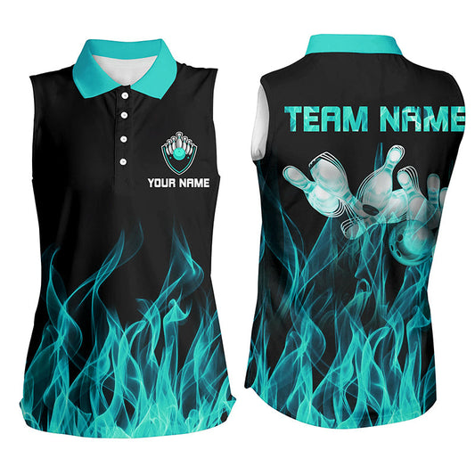 Personalized Women sleeveless polo shirts Turquoise Flame Bowling Ball Pins bowling jerseys for Bowler NQS6822