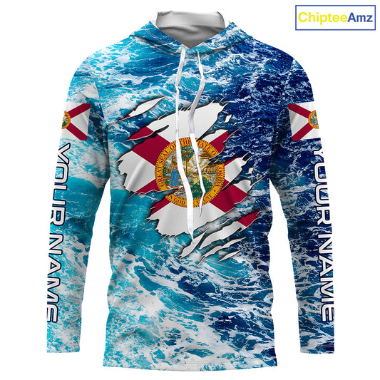 Blue sea wave ocean camo Florida flag shirt Custom sun protection fishing fishing long sleeve shirts NQS3455