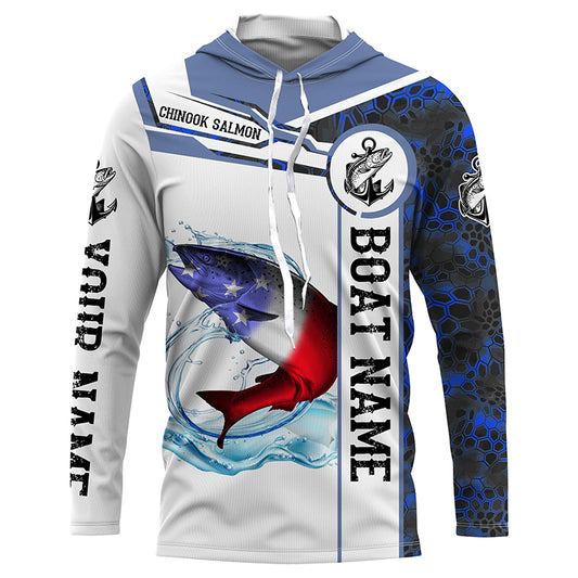 Salmon Fishing blue camo American Flag Custom name & boat name performance Long Sleeve Fishing Shirts NQS3902