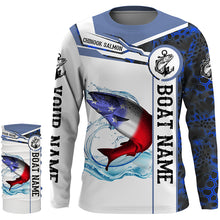 Load image into Gallery viewer, Salmon Fishing blue camo American Flag Custom name &amp; boat name performance Long Sleeve Fishing Shirts NQS3902