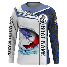 Load image into Gallery viewer, Salmon Fishing blue camo American Flag Custom name &amp; boat name performance Long Sleeve Fishing Shirts NQS3902