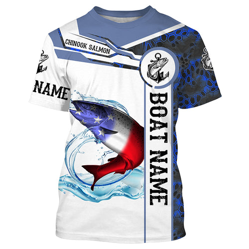 Salmon Fishing blue camo American Flag Custom name & boat name performance Long Sleeve Fishing Shirts NQS3902