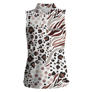 White animal mix leopard skin prints pattern golf shirts custom name Womens sleeveless polo shirts NQS4914