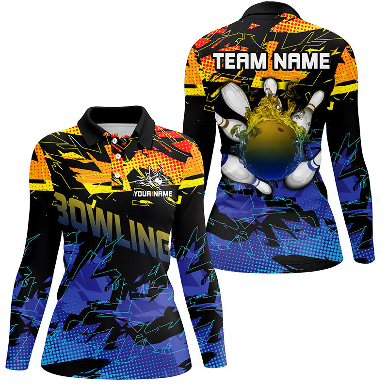 Blue and yellow camo bowling polo shirts for women Custom Team bowling jerseys, gift for bowlers NQS7284