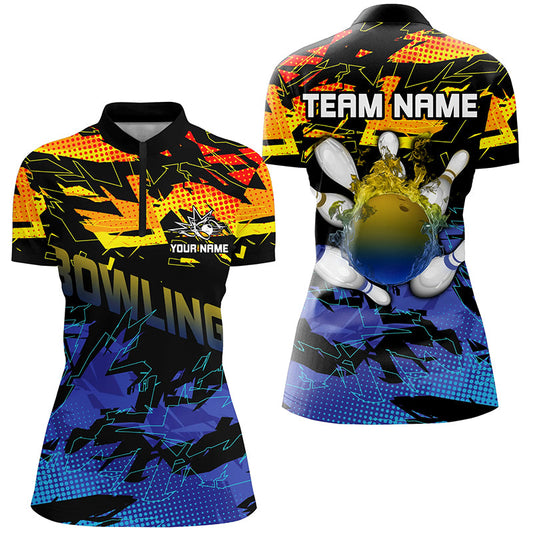 Blue and yellow camo bowling Quarter Zip shirts for women Custom Team bowling jersey, gift for bowlers NQS7284