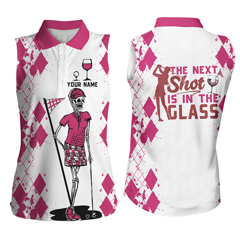 White Pink Womens sleeveless polo shirt Golf & wine skull custom name the next shot is in the glass NQS4931
