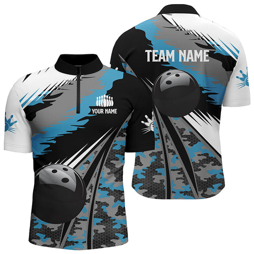 Men's bowling Quarter Zip shirts Custom black ball blue camo Bowling Team Jersey, gift for Bowlers NQS5247