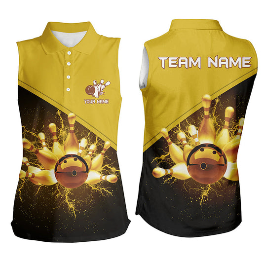 Women sleeveless polo shirts Custom gold lightning thunder Bowling Team Jersey, gift for team Bowlers NQS6383