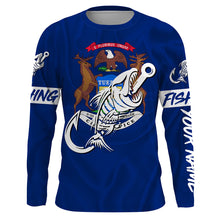 Load image into Gallery viewer, MI Fishing Custom Michigan Flag Fish hook skull Custom sun protection fishing shirts for men, women NQS3321