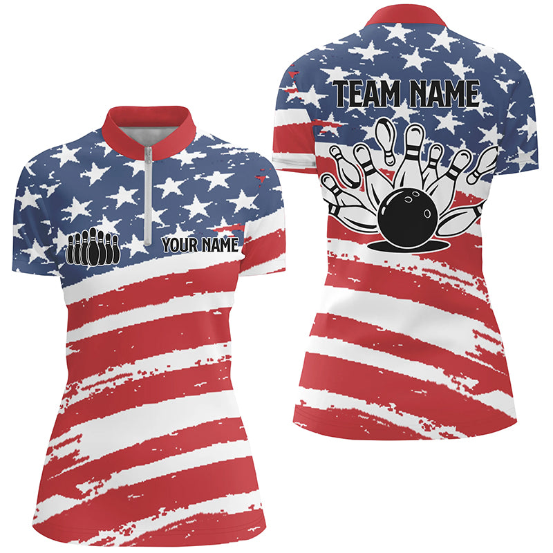 Custom Bowling shirts for women American flag patriotic Bowling team jerseys women Quarter Zip shirts NQS4955