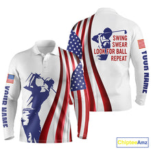 Load image into Gallery viewer, Mens golf polo shirt custom name American flag patriotic golf shirt swing swear look for ball repeat NQS5272