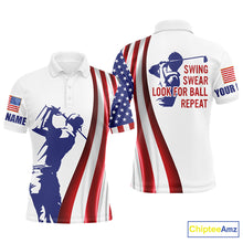 Load image into Gallery viewer, Mens golf polo shirt custom name American flag patriotic golf shirt swing swear look for ball repeat NQS5272