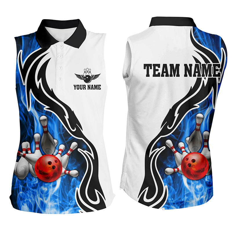 Women sleeveless polo shirts Custom bowling ball pins strike team league jersey, bowl gifts | Blue NQS6404