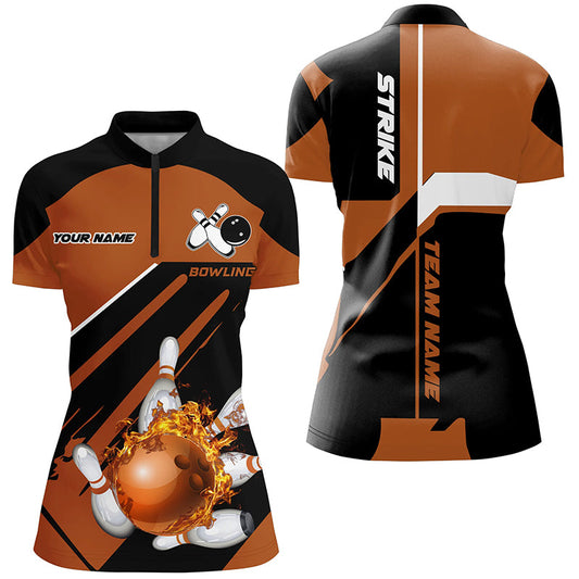 Black and orange Bowling Quarter Zip shirt for women Custom flame bowling ball and pins uniform shirt NQS7309
