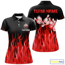 Load image into Gallery viewer, Red flame Womens bowling polo shirt black Bowling Jerseys Personalized Bowling Team Shirts NQS7052