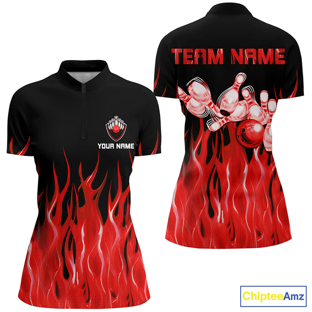 Red flame Bowling Quarter-Zip Shirt Women black Bowling Jerseys Personalized Bowling Team Shirts NQS7052