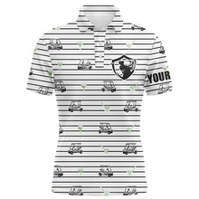 Load image into Gallery viewer, Black and white horizontal stripes custom name Mens golf polo shirt golf cart pattern mens golf wear NQS6427