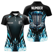 Load image into Gallery viewer, Icy blue Womens Disc golf polo shirts custom black disc golf basket jerseys, disc golf shirts NQS7323