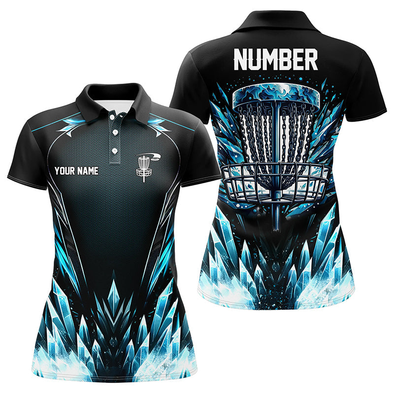 Icy blue Womens Disc golf polo shirts custom black disc golf basket jerseys, disc golf shirts NQS7323