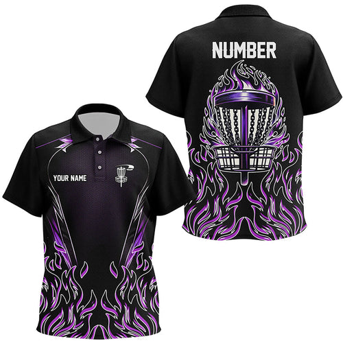 Purple flame Kid Disc golf polo shirts custom black disc golf fire jerseys, disc golf shirts NQS7324