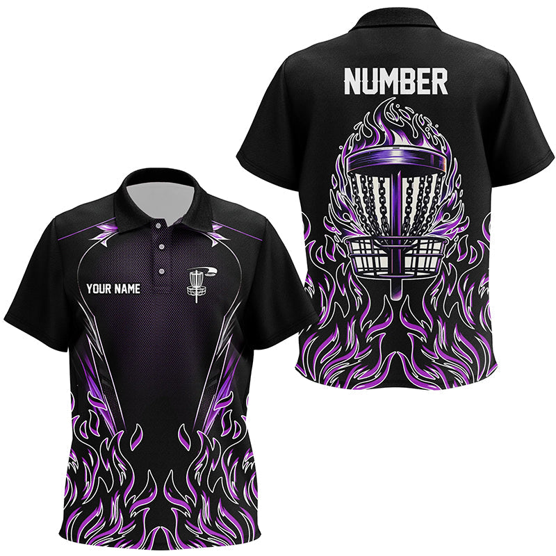 Purple flame Kid Disc golf polo shirts custom black disc golf fire jerseys, disc golf shirts NQS7324