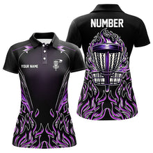 Load image into Gallery viewer, Purple flame Womens Disc golf polo shirts custom black disc golf fire jerseys, disc golf shirts NQS7324
