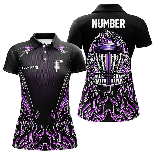 Purple flame Womens Disc golf polo shirts custom black disc golf fire jerseys, disc golf shirts NQS7324