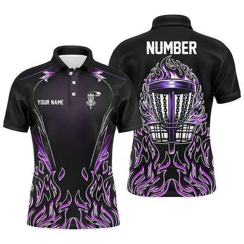 Purple flame Mens Disc golf polo shirts custom black disc golf fire jerseys, disc golf shirts NQS7324
