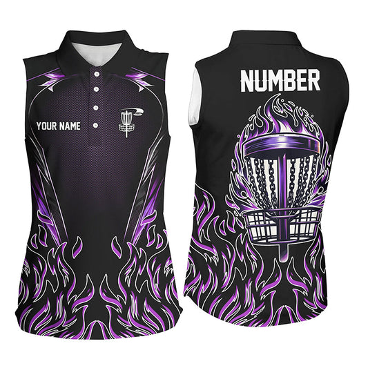 Purple flame Women sleeveless polo shirts custom black disc golf fire jerseys, disc golf shirts NQS7324