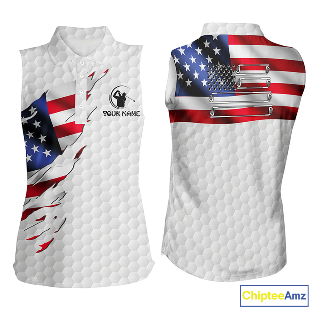Womens sleeveless polos shirt custom American flag white golf ball skin patriotic golf shirt for women NQS6668