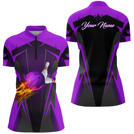 Personalized Women Quarter-Zip Shirt Flame Bowling Ball Pins, bowling  jerseys for bowlers | Purple NQS6440