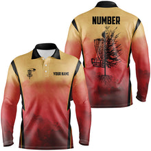 Load image into Gallery viewer, Mens Disc golf polo shirts custom Disc Golf Basket Tree Sunset disc golf jerseys, disc golf shirt NQS6683