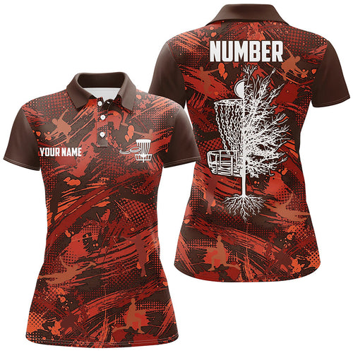 Womens Disc golf polo shirt custom red camo Disc Golf Basket Tree jerseys, disco golf outfit NQS6685