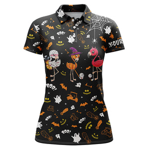 Funny women golf polo shirt orange black Halloween background custom name Flamingo golf friends NQS3974