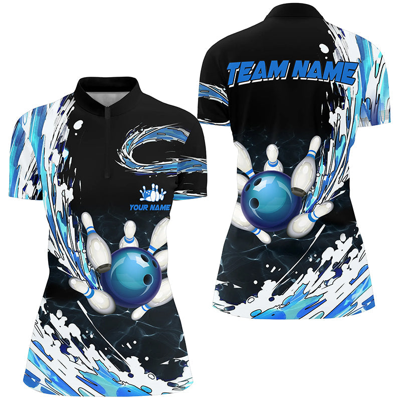 Blue Bowling Womens Quarter Zip Shirt Custom bowling ball pins black bowling team league Jerseys NQS6461