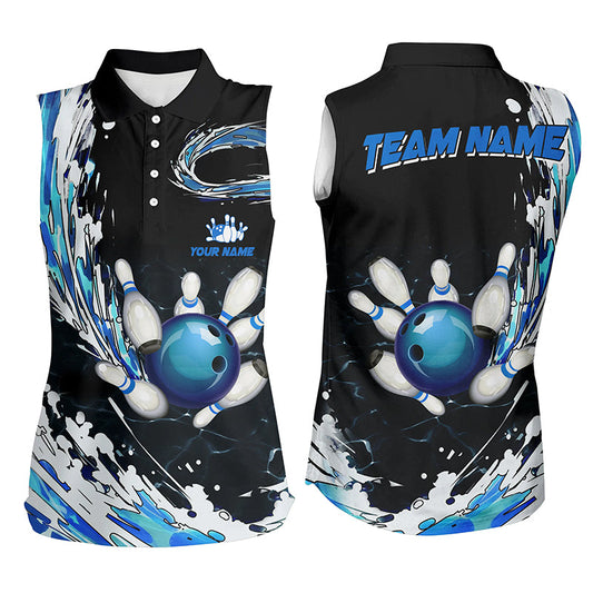 Blue Bowling Womens sleeveless polo Shirt Custom bowling ball pins black bowling team league Jerseys NQS6461