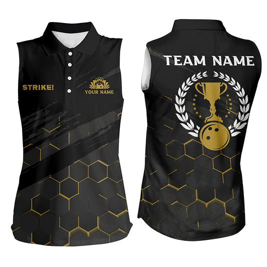 Black Womens Bowling sleeveless Polo Shirts Custom bowling strike bee pattern team Ladies Jerseys NQS6703