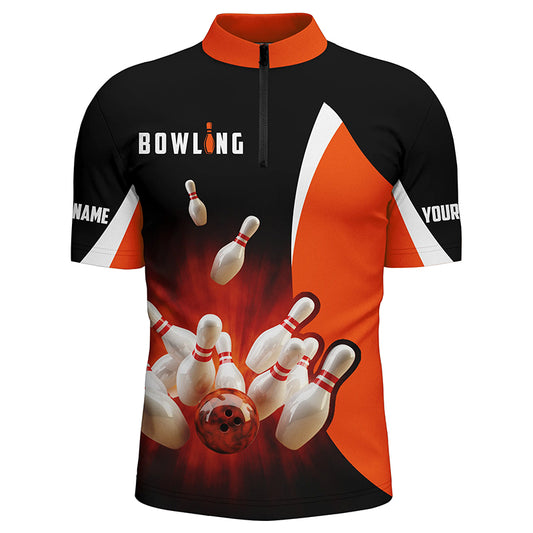 Custom black orange bowling shirt for men – personalized team jersey front view
