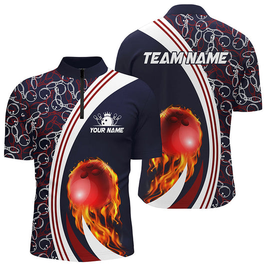 Bowling Quarter Zip Shirt For men Custom camo flame bowling ball fire Bowling Team League Jersey| Navy NQS6716