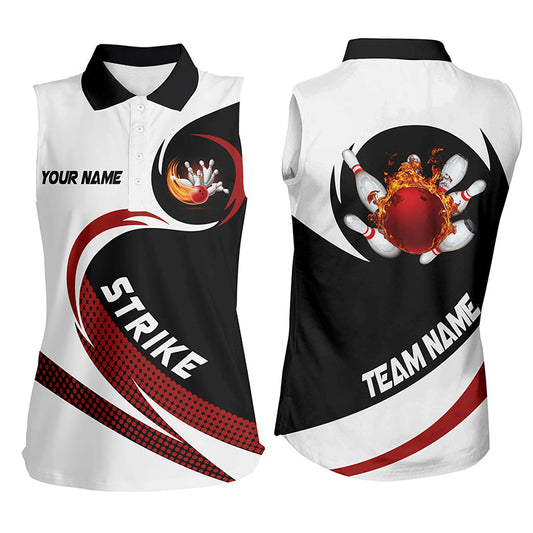 Black & white Bowling sleeveless polo For women Custom flame bowling ball strike Team League Jersey NQS6717