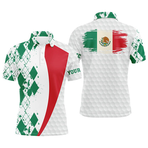 Mens golf polos shirts custom Mexico flag green argyle pattern white golf ball men's golf shirts NQS6472