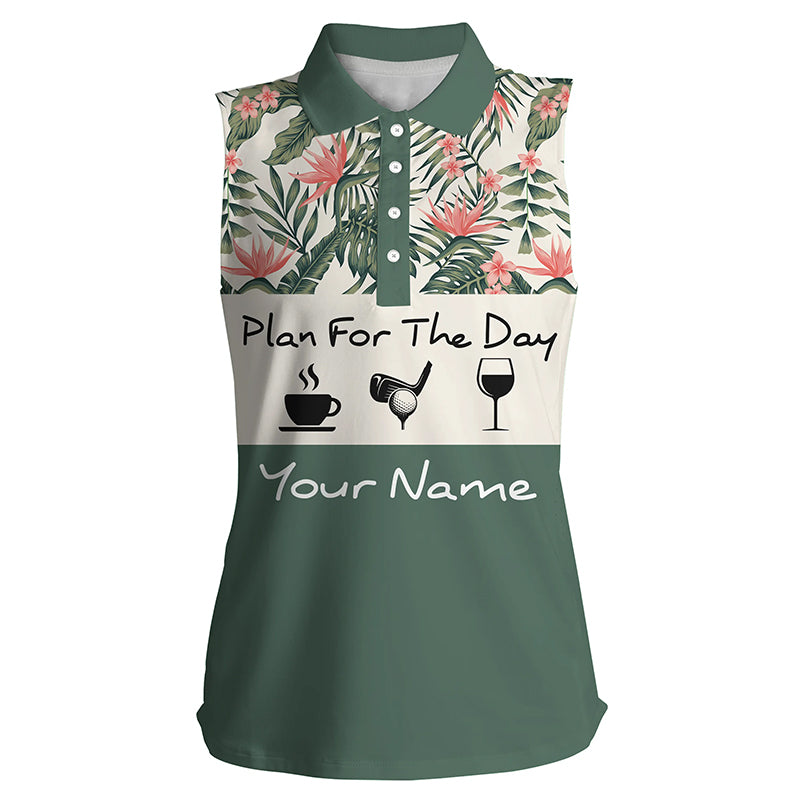 Womens sleeveless polo shirt plan for the day coffee golf wine custom tropical green leaves golf shirt NQS3998