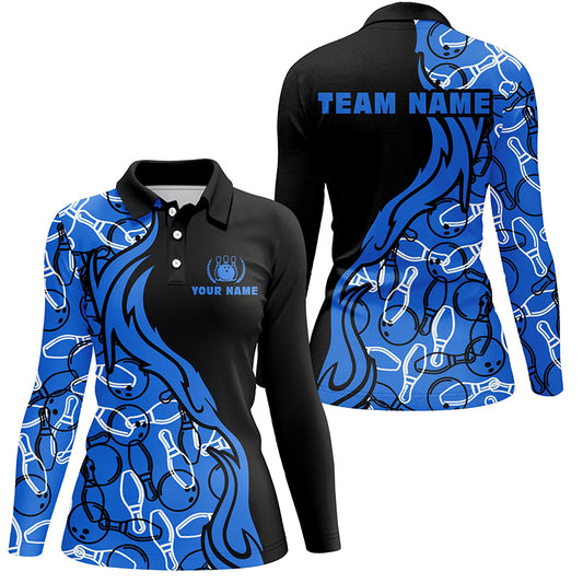 Black blue personalized bowling shirt for women – custom name design side view