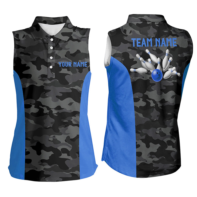 Women sleeveless polo shirts Custom gray camo Bowling Team Jersey, Bowling Team League Shirt | Blue NQS7095