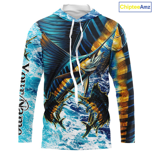 Sailfish fishing scales blue sea water camo Custom UV protection performance long sleeve fishing shirt NQS7097