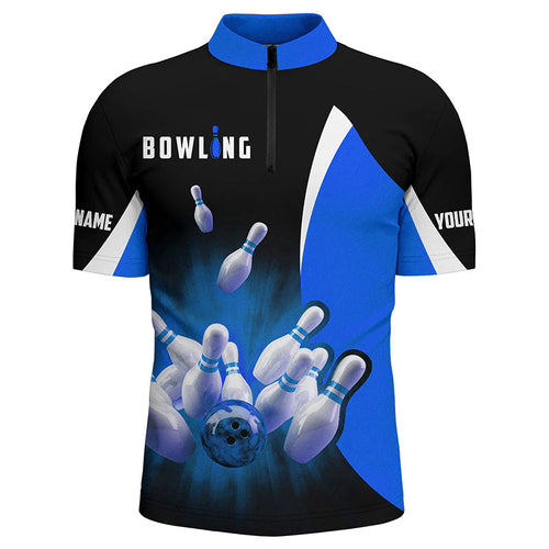 Custom bowling shirts retro black blue Bowling Quarter Zip shirts for men, Bowling team jersey NQS6935