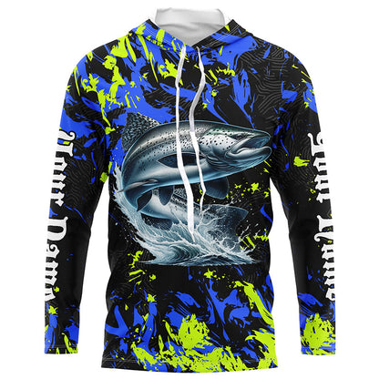 Chinook salmon fishing green blue camo Custom performance long sleeve fishing shirt, salmon jerseys NQS7217